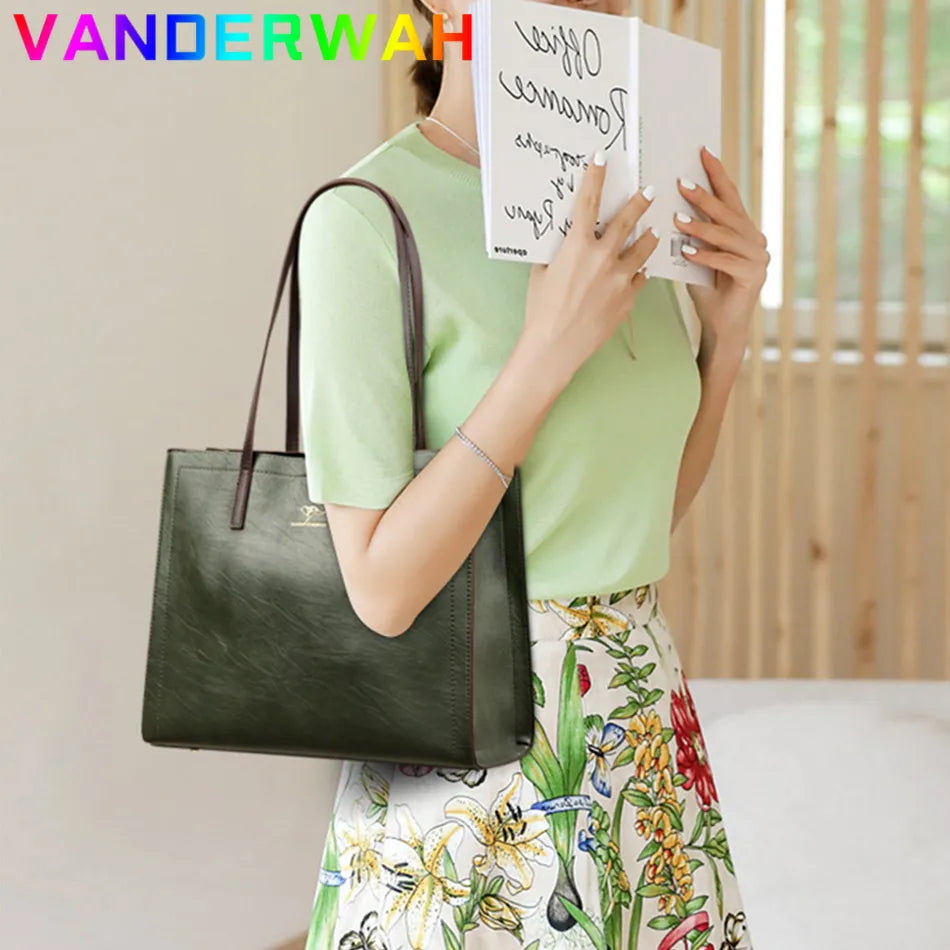 Vintage Large Capatity Tote Shoulder Bags Fashion Top-Handle Bags High Quality Pu Leather Bags Casual Letter Design Handbag