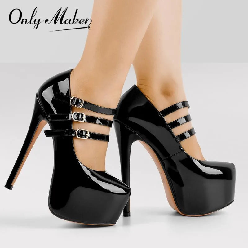 Onlymaker Women Mary Jane Platform Pumps Ankle Strap Stiletto 16cm Thin High Heels Dress Buckle Black Pink  Big Size Party Shoes