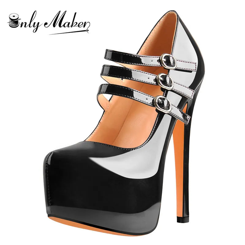 Onlymaker Women Mary Jane Platform Pumps Ankle Strap Stiletto 16cm Thin High Heels Dress Buckle Black Pink  Big Size Party Shoes