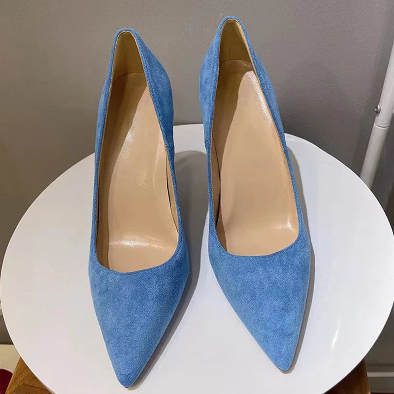 Heelgoo Light Blue Women Faux Suede Pointy Toe High Heel Formal Dress Shoes Elegant Stiletto Pumps Colors Customize Accept