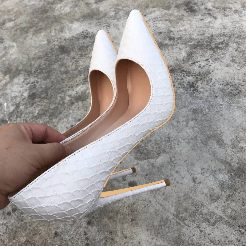 Heelgoo White Crocodile Effect Women Sexy Pointy Toe High Heels Shoes Fashion Designer Ladies Stiletto Pumps Plus Size 33-45