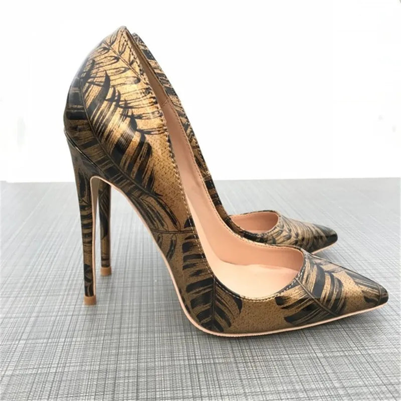 Tikicup Women Pattern Printed Gold Patent Pointed Toe High Heels Plus Size 34-45 Sexy Ladies Chic Stiletto Pumps Fashion Shoes