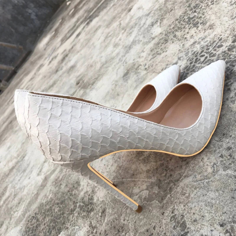 Heelgoo White Crocodile Effect Women Sexy Pointy Toe High Heels Shoes Fashion Designer Ladies Stiletto Pumps Plus Size 33-45