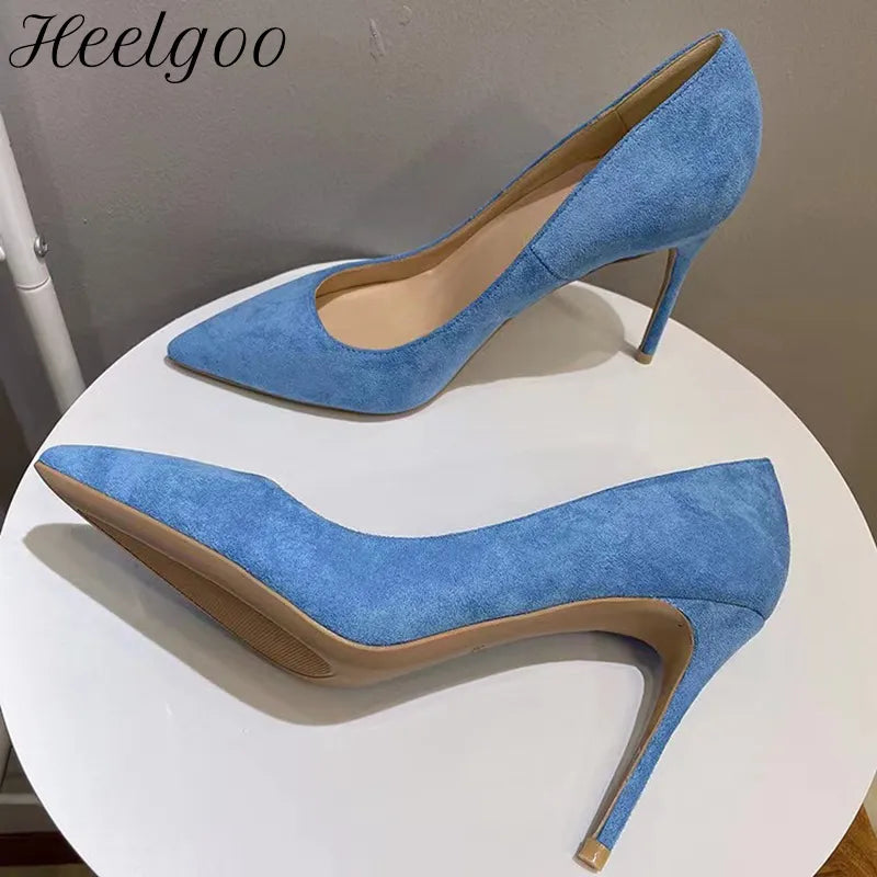 Heelgoo Light Blue Women Faux Suede Pointy Toe High Heel Formal Dress Shoes Elegant Stiletto Pumps Colors Customize Accept