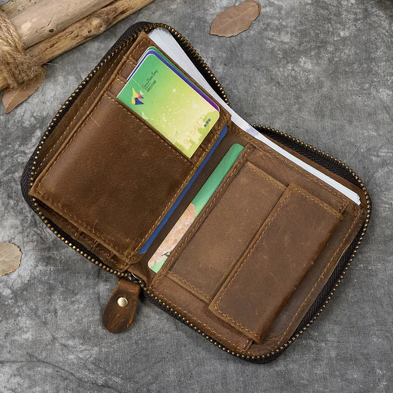 Men Crazy horse Genuine Leather Coin Wallet Real Leather Snap Short Purse Women Coin Pocket Zip Around Small Trifold Pocket