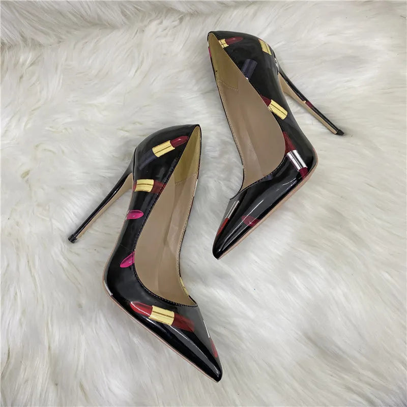 Heelgoo Lipsticker Print Women Glossy Pointy Toe High Heel Black Party ShoesSlip On Slip On Stilettos Pumps Big Size 33-45