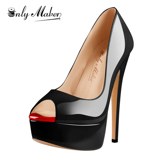 Onlymaker Platform Peep Toe High Heel Slip On Pumps Thin Stiletto Heels Party Red Black Sexy Shoes Large Size Plus Size Heels