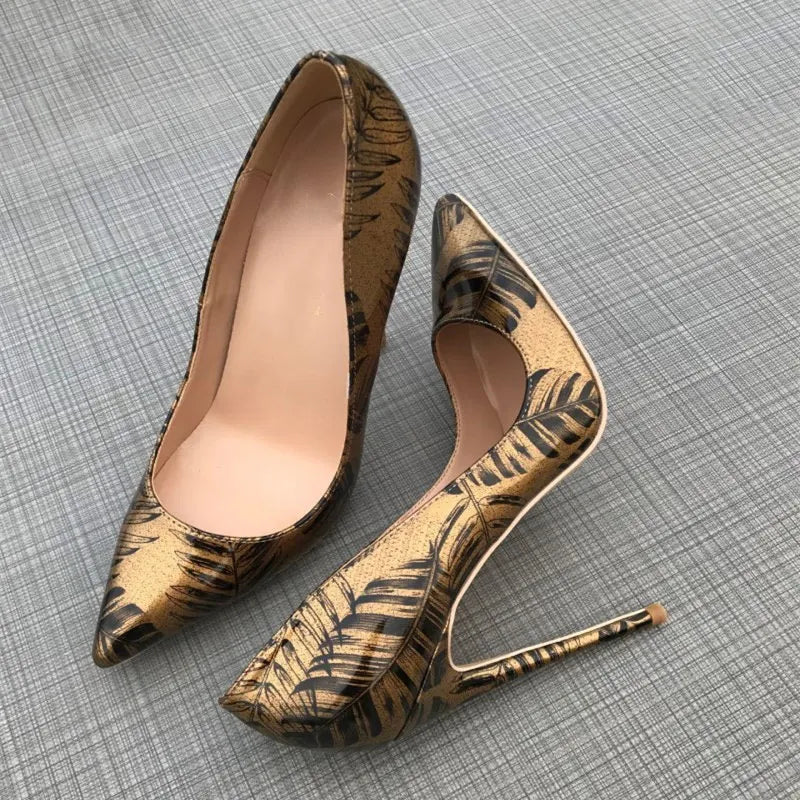 Tikicup Women Pattern Printed Gold Patent Pointed Toe High Heels Plus Size 34-45 Sexy Ladies Chic Stiletto Pumps Fashion Shoes