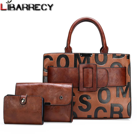 Vintage 3 Sets Women Leather Letter Bag Big Belt Buckle Handbags Designer High Quality Shoulder Crossbody Bag for Women Tote Bag