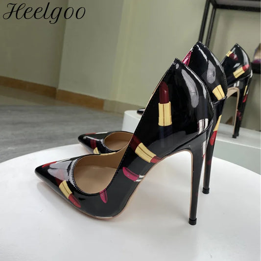 Heelgoo Lipsticker Print Women Glossy Pointy Toe High Heel Black Party ShoesSlip On Slip On Stilettos Pumps Big Size 33-45