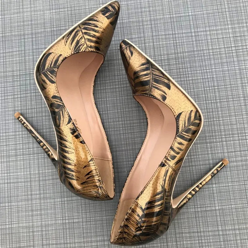 Tikicup Women Pattern Printed Gold Patent Pointed Toe High Heels Plus Size 34-45 Sexy Ladies Chic Stiletto Pumps Fashion Shoes