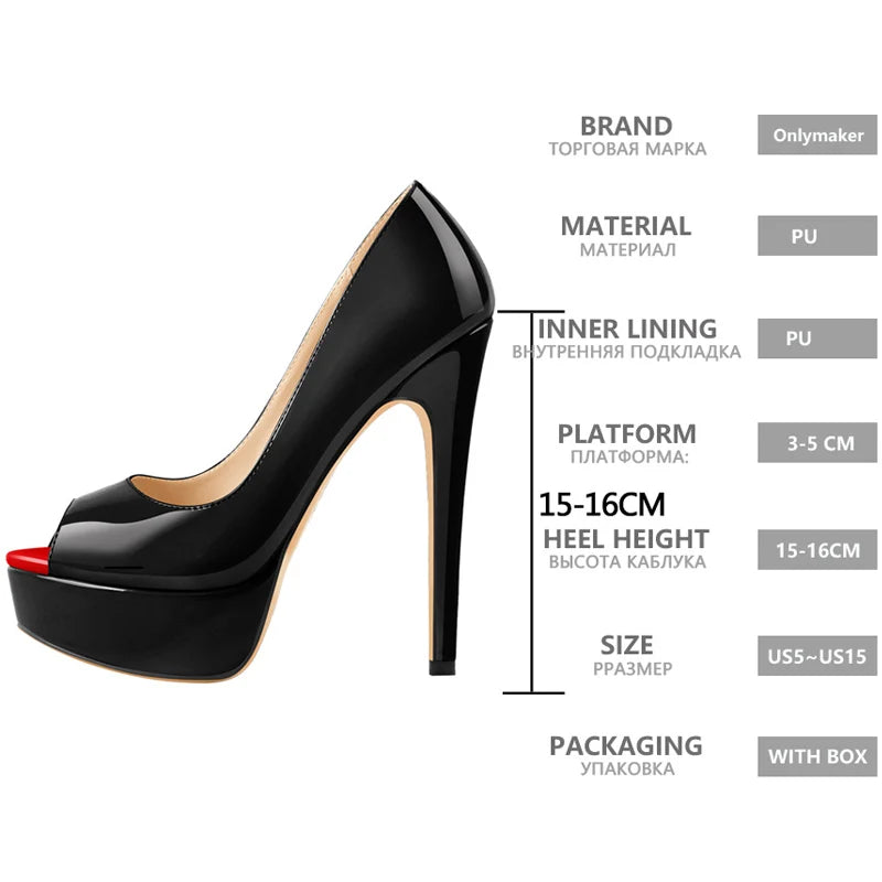 Onlymaker Platform Peep Toe High Heel Slip On Pumps Thin Stiletto Heels Party Red Black Sexy Shoes Large Size Plus Size Heels