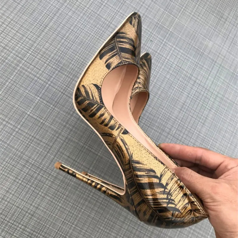 Tikicup Women Pattern Printed Gold Patent Pointed Toe High Heels Plus Size 34-45 Sexy Ladies Chic Stiletto Pumps Fashion Shoes