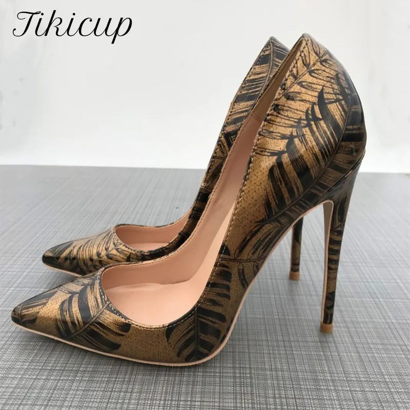 Tikicup Women Pattern Printed Gold Patent Pointed Toe High Heels Plus Size 34-45 Sexy Ladies Chic Stiletto Pumps Fashion Shoes