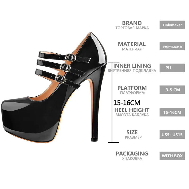 Onlymaker Women Mary Jane Platform Pumps Ankle Strap Stiletto 16cm Thin High Heels Dress Buckle Black Pink  Big Size Party Shoes