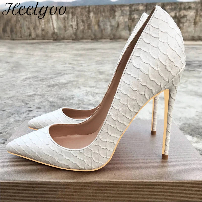 Heelgoo White Crocodile Effect Women Sexy Pointy Toe High Heels Shoes Fashion Designer Ladies Stiletto Pumps Plus Size 33-45