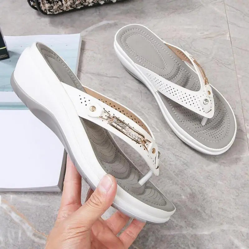 Women's Slippers Summer Wedges Metal Button Slides Shoes Wedge Beach Sandals Women Outside Platform Slippers Leisure Flip Flops