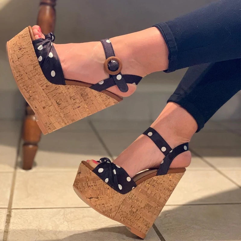 Onlymaker Women Polka Dot Platform Wedges Sandals Peep Toe  Shoes Buckle Strap Pumps For Summer Plus Size Sandals