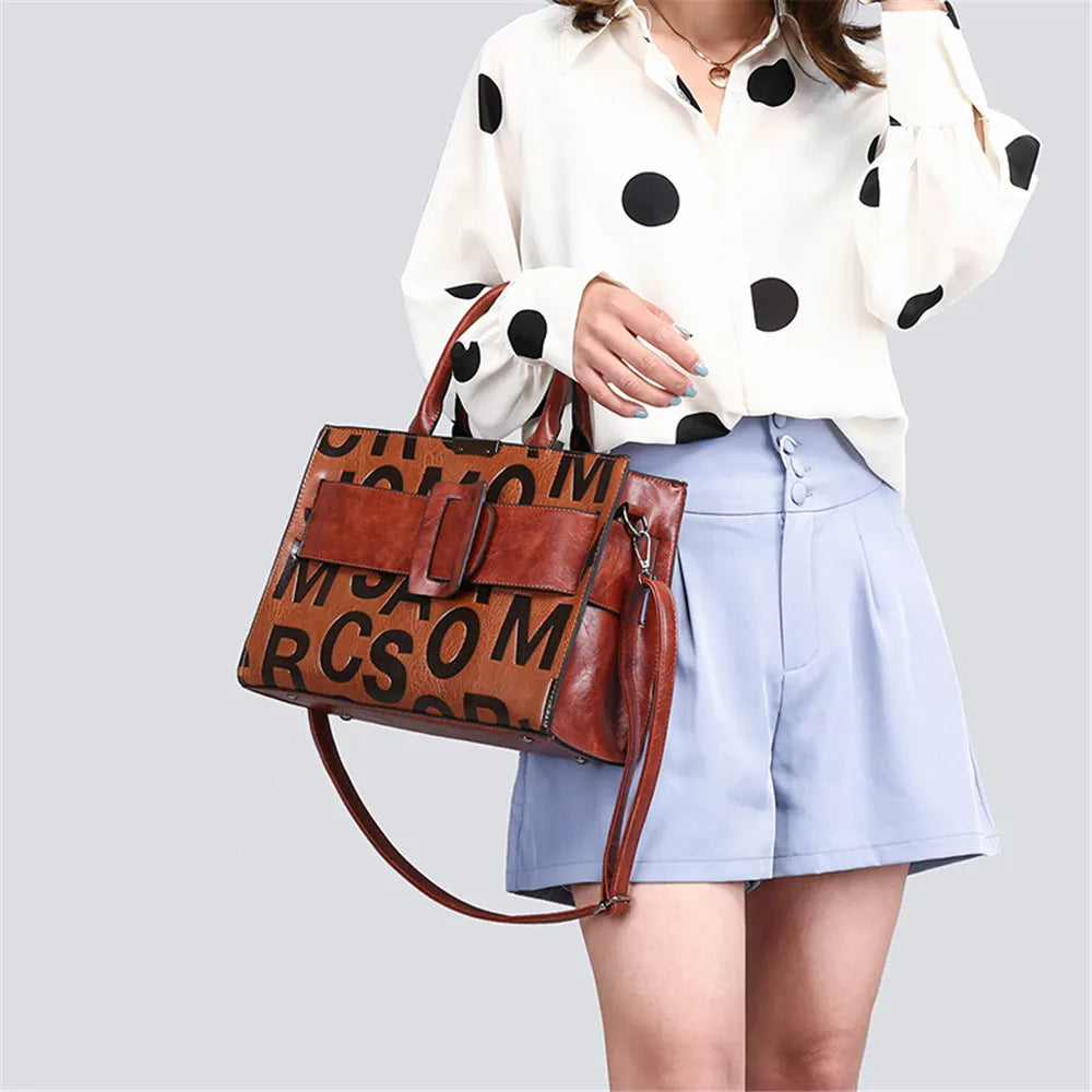 Vintage 3 Sets Women Leather Letter Bag Big Belt Buckle Handbags Designer High Quality Shoulder Crossbody Bag for Women Tote Bag