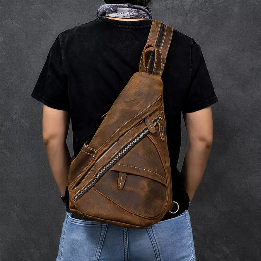 Single Shoulder Bagpack Genuine Leather Chest Bag Outdoor Riding Bag Chest Packs For Biker Men Male Sling Bags Cow Leather