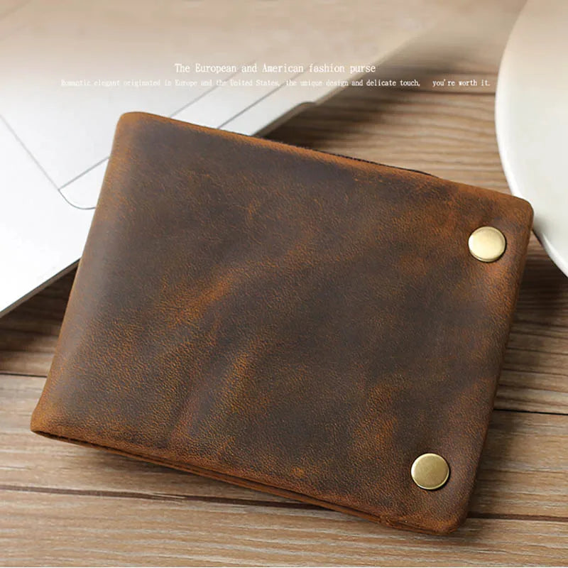 Men's Genuine Leather Trifold Wallet Wowen Natural Leather Zipper Short Purse Card Holder Change Coin Purse Male Clutch Wallets