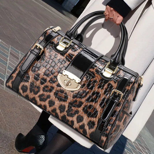 Genuine leather leopard print women's handbag new trend large capacity cowhide pillow bag