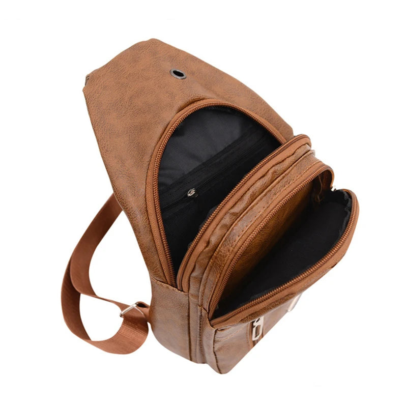 Small Backpack Fashionable Sports PU Leather Crossbody Shoulder Bag Headphone Hole Large Capacity Men's Chest Bags Package Case