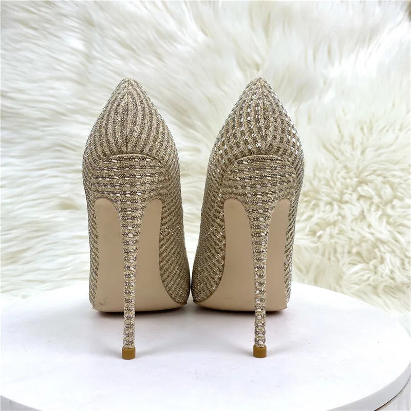 Tikicup Plaid Glitter Gold Sequined Women Pointy Toe High Heels Classic Wedding Party Shoes Shiny Bling Slip On Stiletto Pumps