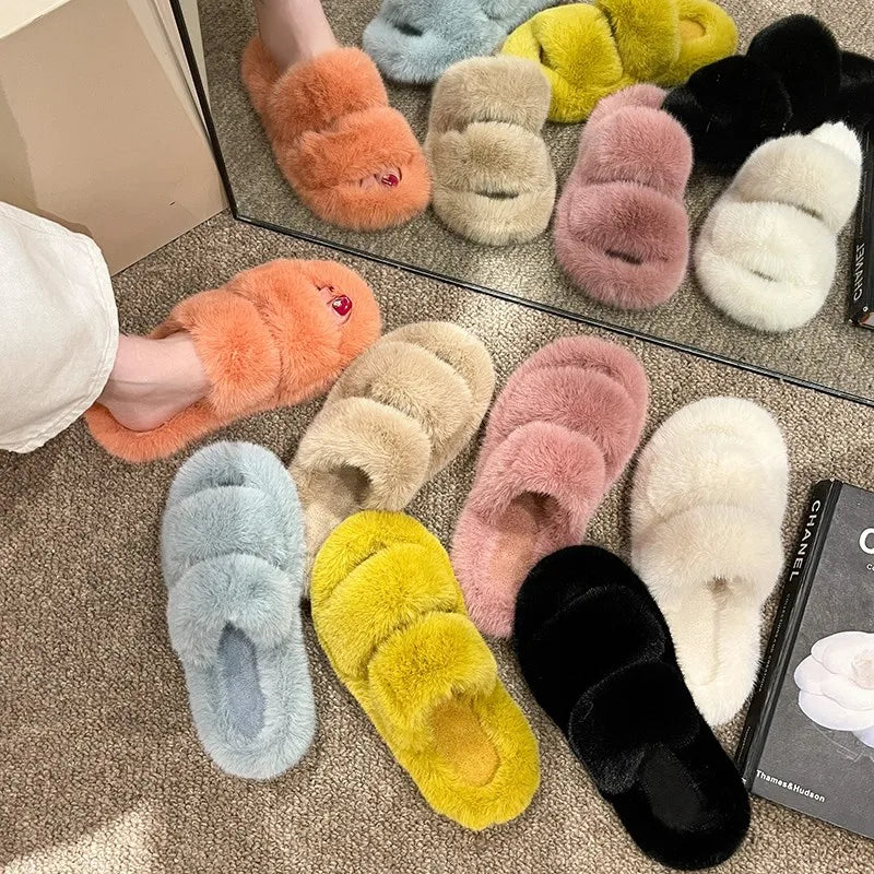 Winter Women House Furry Slippers Fashion Faux Fur Warm Shoes Slip On Flats Female Home Slides Black Plush Indoor