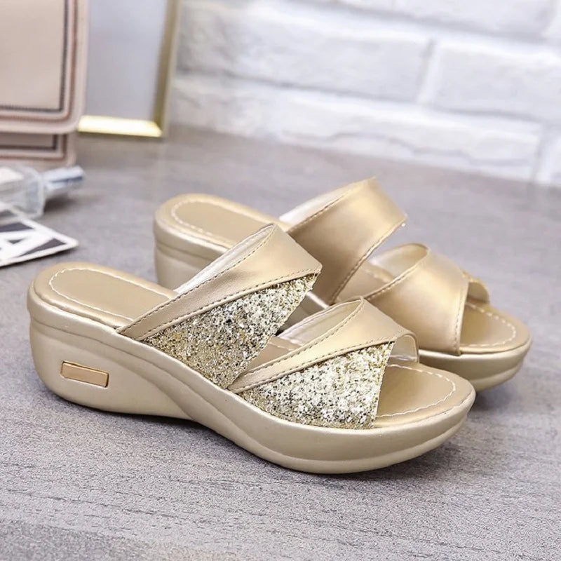 New Women Summer Slippers Ladies Glitter PU Wedges Shoes Female Casual Slingbacks Sandals Comfortable Platform Woman