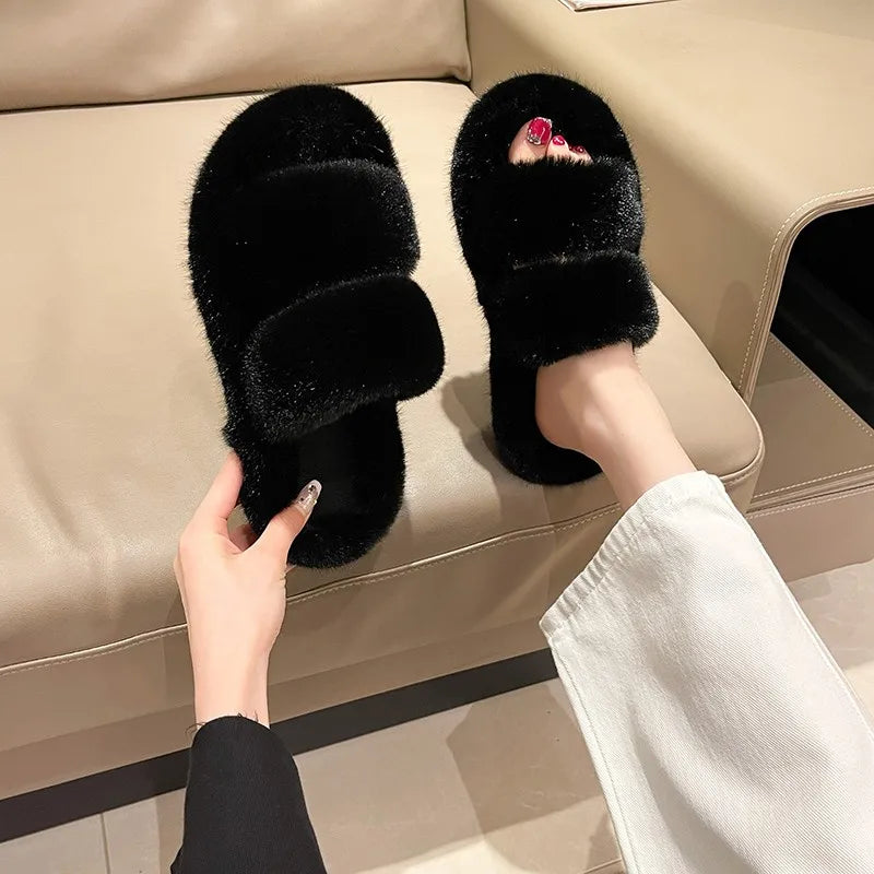 Winter Women House Furry Slippers Fashion Faux Fur Warm Shoes Slip On Flats Female Home Slides Black Plush Indoor