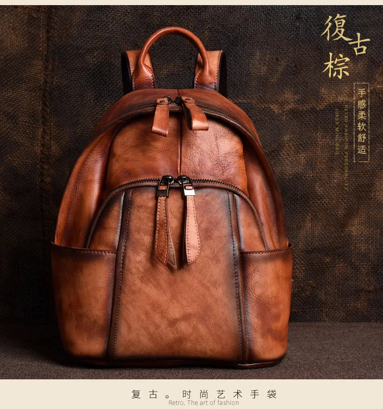 Genuine Leather Backpack Rucksack for Women Designer Luxury Travel Retro Laptop Female Real Cowhide School Book Bag Knapsack