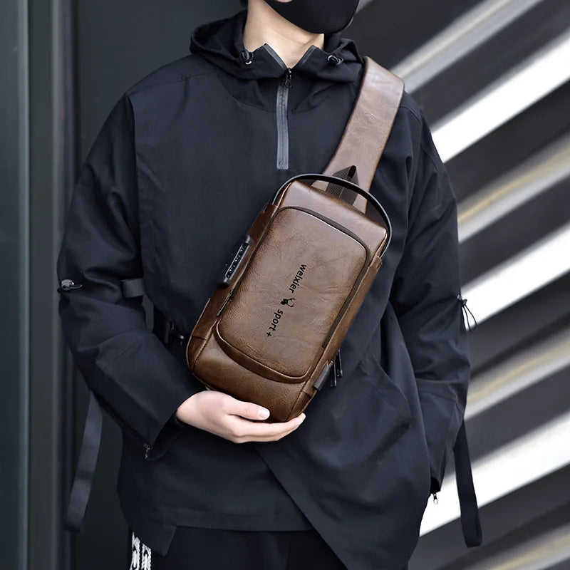 New Casual Chest Bag Travel shoulder bag Men Multifunction Anti-theft USB Charging Crossbody Bag Quality PU Leather Pack Male