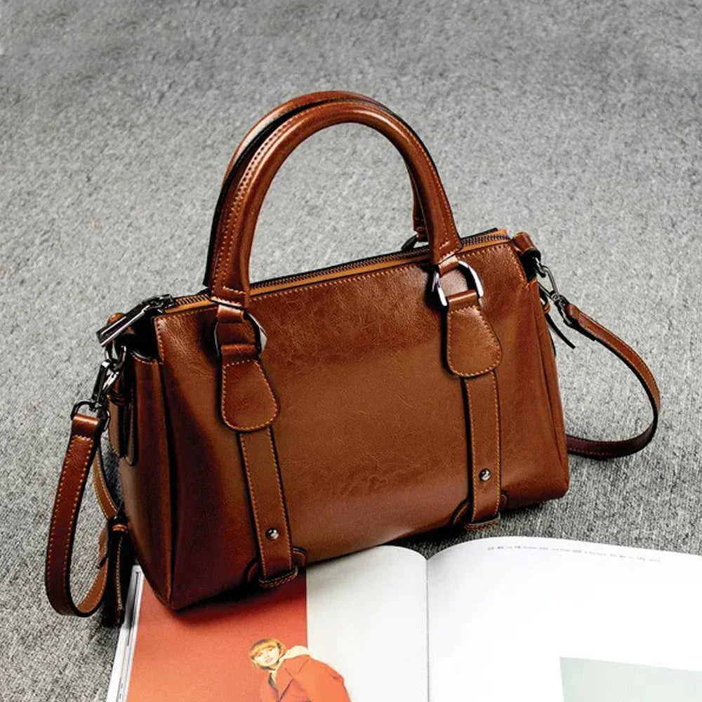 Genuine Leather Women Shoulder Cross body Handbag Top Handle Bag Casual Designer Female Oil Wax Cowhide Messenger Tote Bag