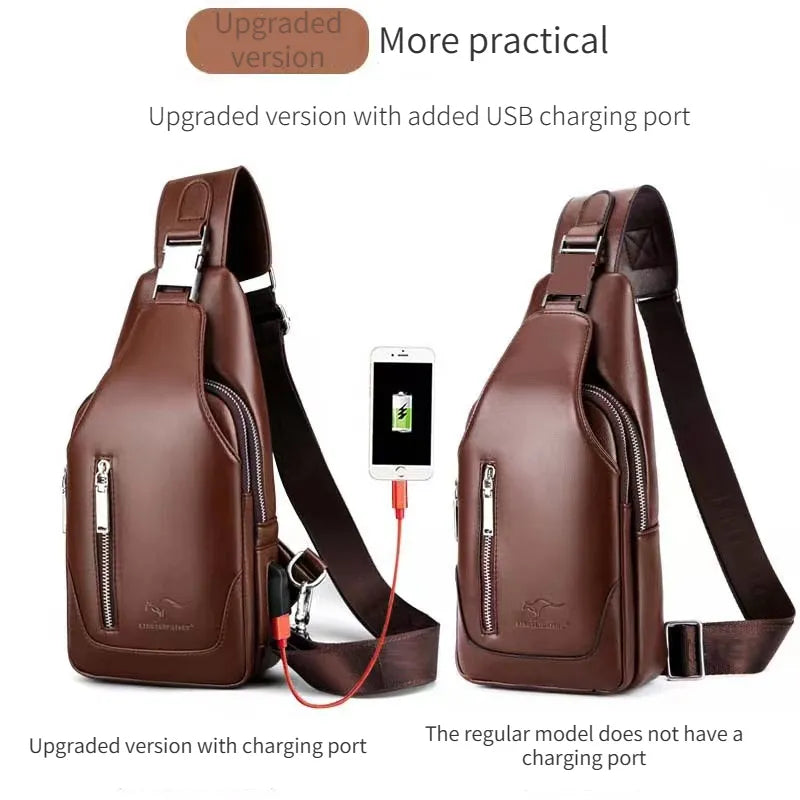 NEW Leisure Men's Chest Bag Business Shoulder Bag PU Leather Handbag with USB Charging Retro Leisure Travel Shoulder Bag