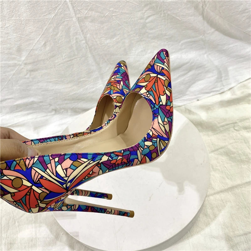 Ke Shang Jia Graphic Print Women Satin Pointy Toe High Heel Party Shoes Sexy Designer Floral Stiletto Pumps Large Size 33-45