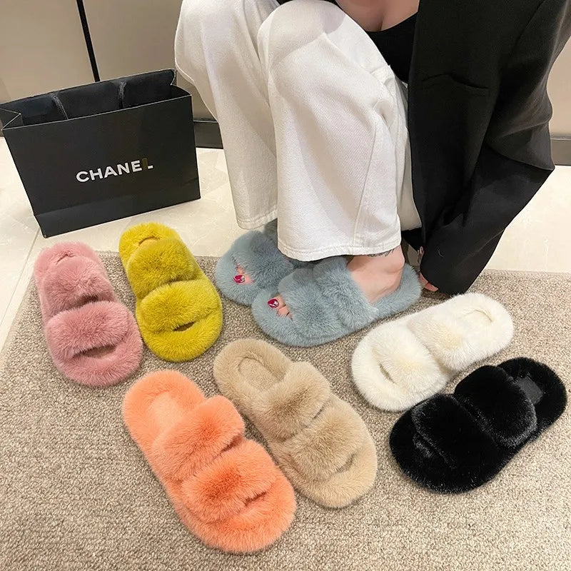 Winter Women House Furry Slippers Fashion Faux Fur Warm Shoes Slip On Flats Female Home Slides Black Plush Indoor