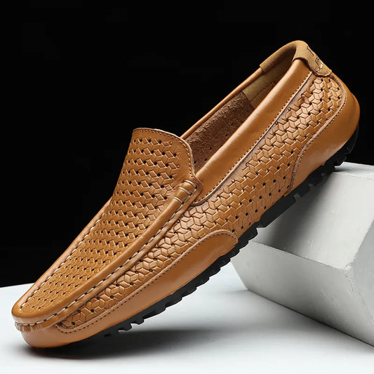 Summer Men Casual Shoes Luxury Brand Genuine Leather Mens Loafers Moccasins Hollow Out Breathable Slip on Driving Shoes