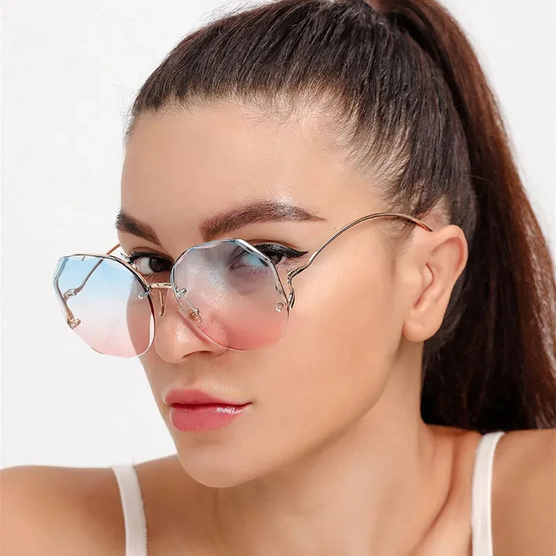 Luxury Round Gradient Sunglasses Women Metal Curved Temples Eyewear Ocean Rimless Fashion Sun Glasses Ladies UV400