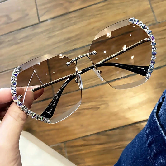 Vintage Fashion Oversized Rimless Sunglasses Women Famous Luxury Brand Design Sexy Diamond Square Sun Glasses For Female