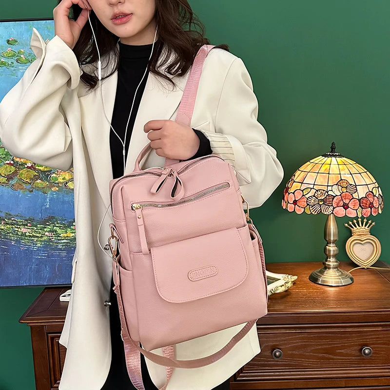 Leather Backpack Women Solid Color Fashion Trend Casual Large Capacity Ladies Travel Bag School Backpack for Teenage Girls