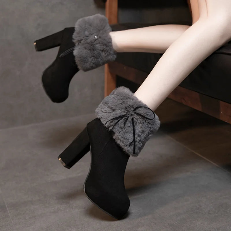 New Winter Women High Heels Shoes Warm Non-slip Block Cow Suede Warm Snow Boots Fashion Designer Crystal