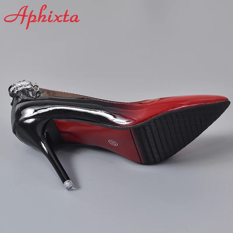 Aphixta 10cm Stiletto Heels Gradient Transparent Bead Chain Pumps Women Shoes Patent Leather Ankle Strap Super Big 50