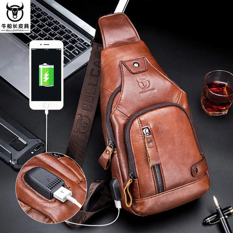 New 100% cowhide Leather Casual Fashion Crossbody Chest Bag men's leather bag USB Charging Travel Shoulder Bag Daypack Male