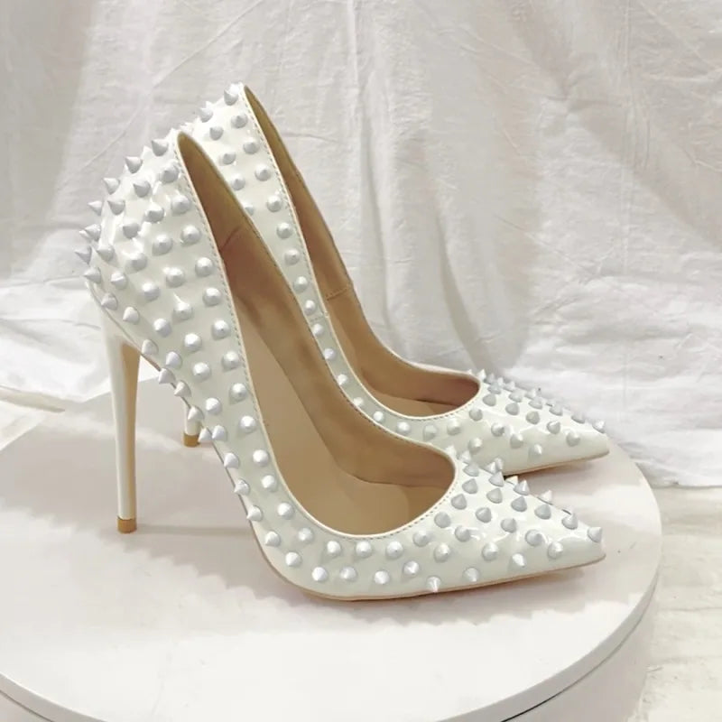 White Spikes Women Pointed Toe Stilettos Sexy High Heels Rivets Ladies Slip-on Pumps Night Club Shoes 12/10/8cm Optional