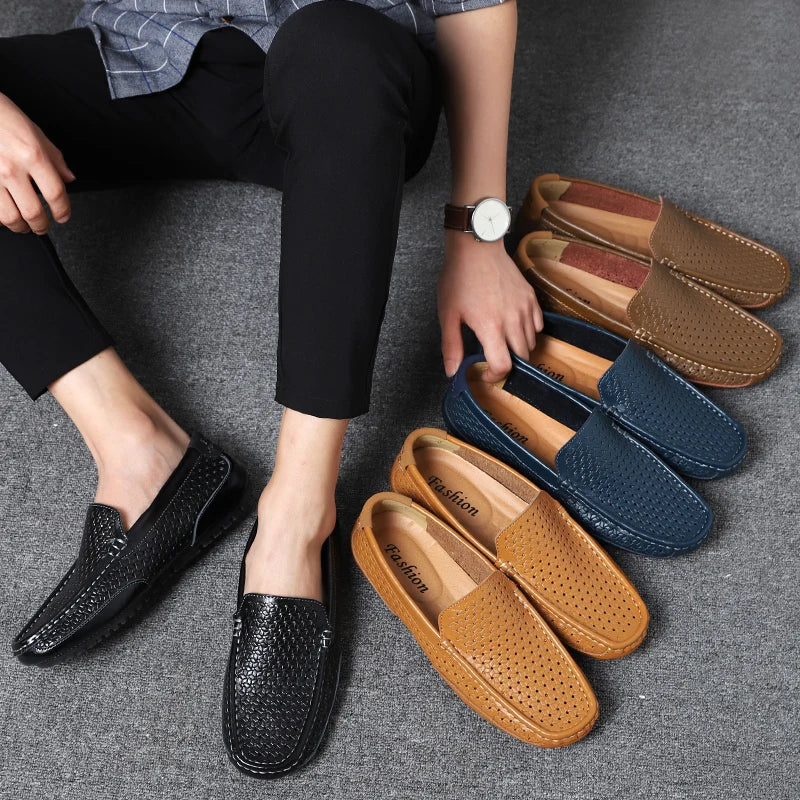 Summer Men Casual Shoes Luxury Brand Genuine Leather Mens Loafers Moccasins Hollow Out Breathable Slip on Driving Shoes