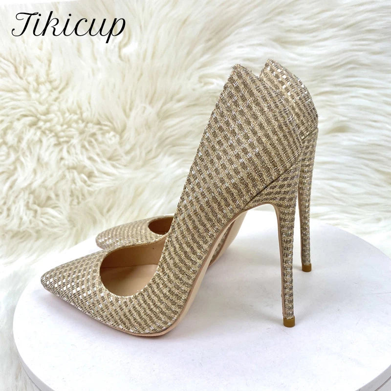 Tikicup Plaid Glitter Gold Sequined Women Pointy Toe High Heels Classic Wedding Party Shoes Shiny Bling Slip On Stiletto Pumps