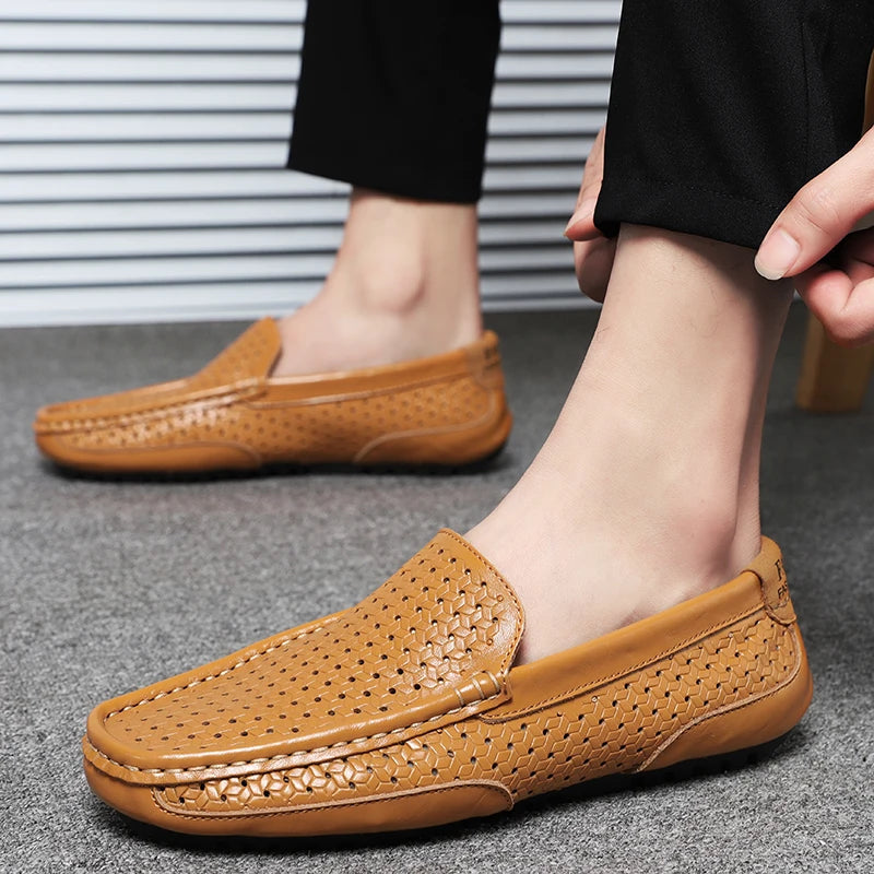 Summer Men Casual Shoes Luxury Brand Genuine Leather Mens Loafers Moccasins Hollow Out Breathable Slip on Driving Shoes