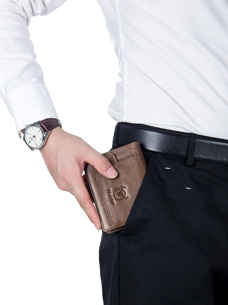 BULLCAPTAIN RFID Blocking Men's Wallet Man Vintage Cow Genuine Leather Wallet Male Handmade Billfold Coin Purse Short Wallet