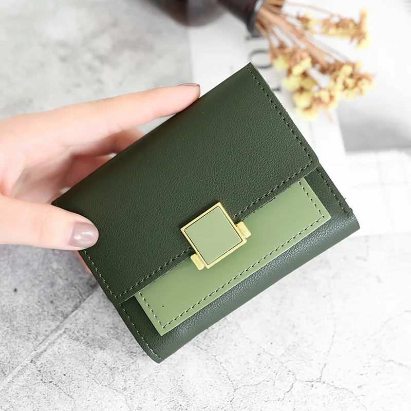 Patchwork Short Women's Wallet Fashion Square Clutch Money Credit Multiple Card Holders Metal Buckle Tri-Fold Ladies Coin Purse